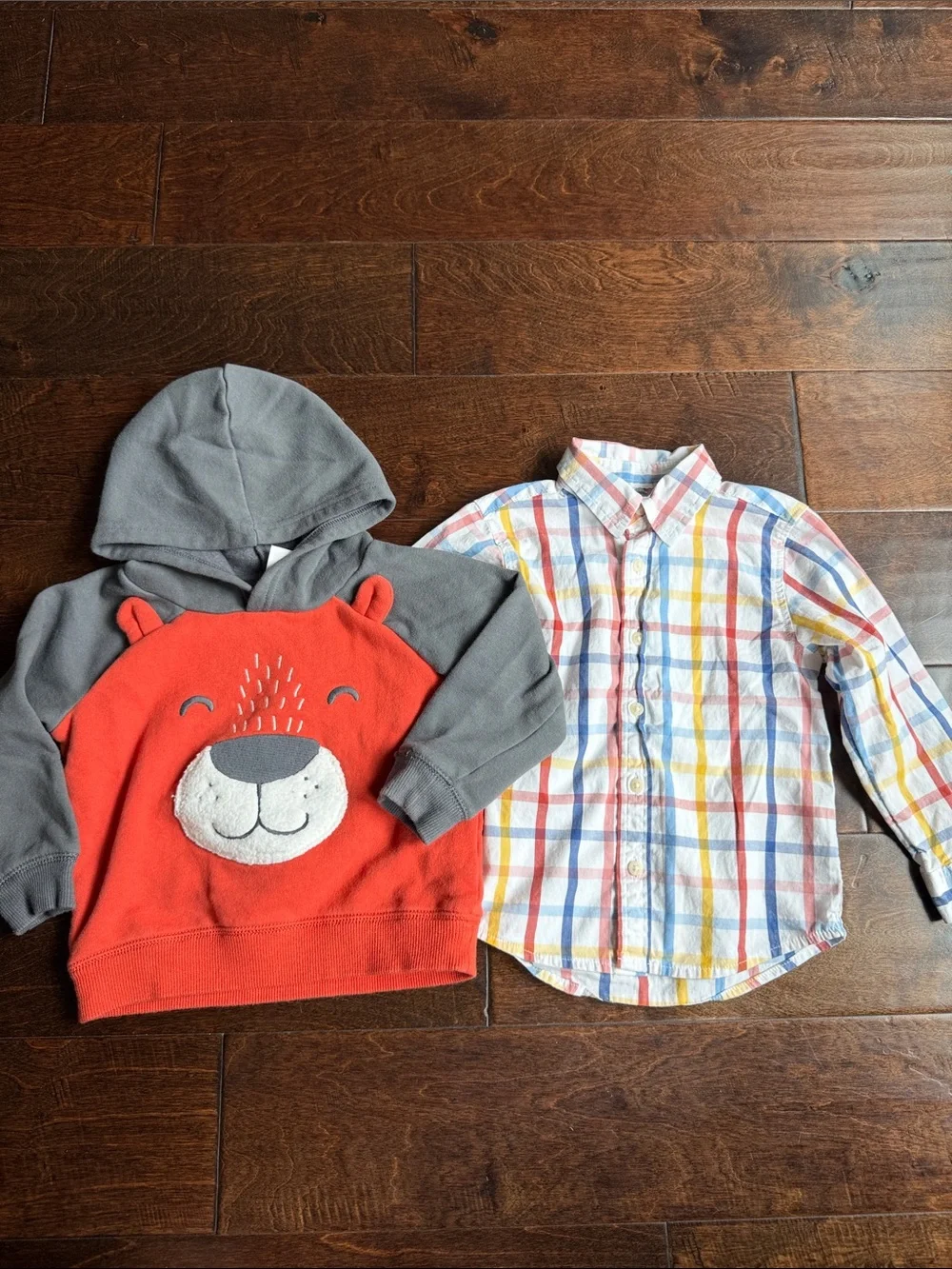 24M Kids Orange & Gray Critter Hoodie & 2T Plaid Button Down